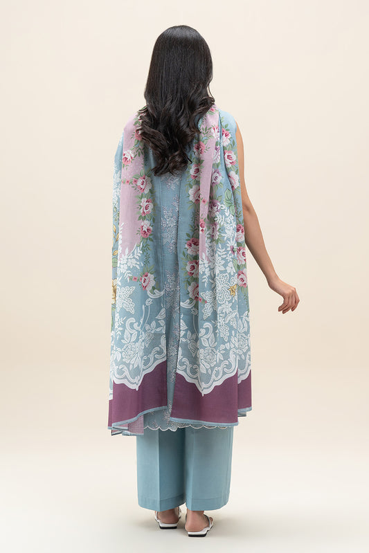 3 PIECE PRINTED LAWN SUIT-ICE BLUE (UNSTITCHED)