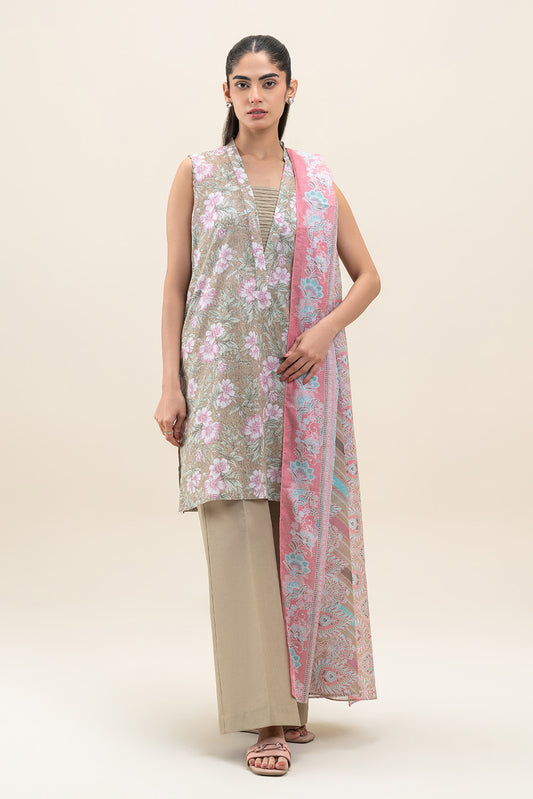3 PIECE PRINTED LAWN SUIT-MOSS GREEN (UNSTITCHED)