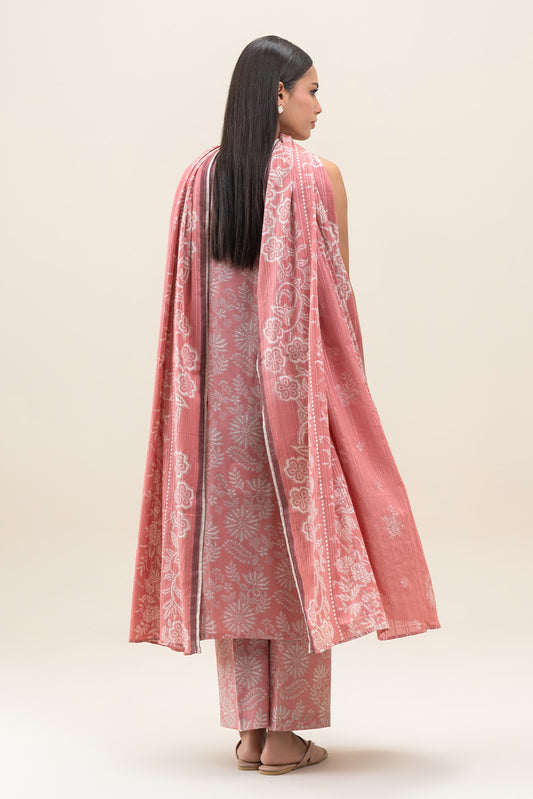 3 PIECE PRINTED LAWN SUIT-SALMON PEACH (UNSTITCHED)