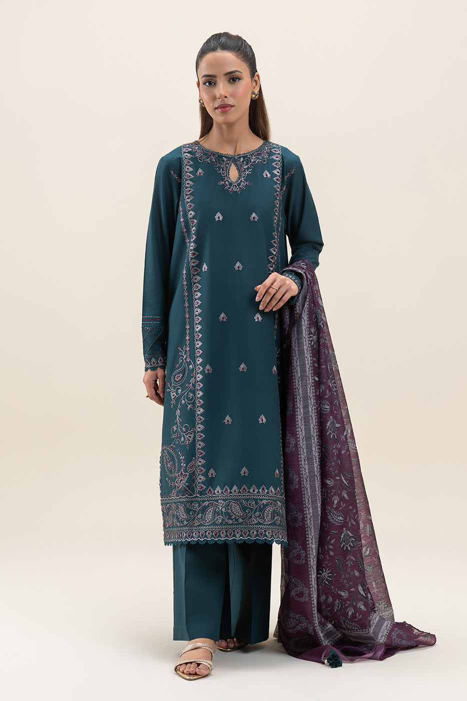 3 PIECE EMBROIDERED LAWN SUIT-PEACOCK PLUM (UNSTITCHED)