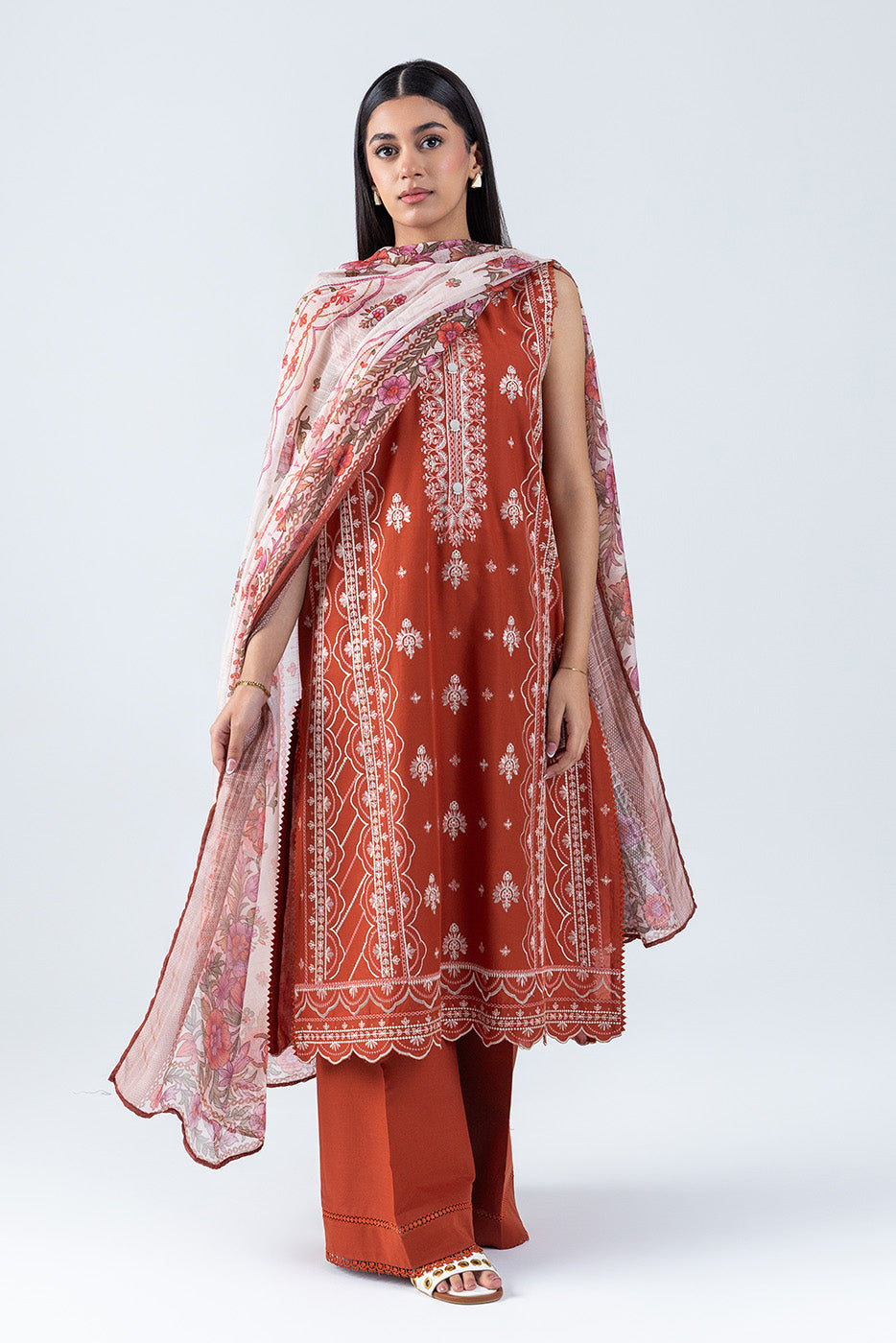 3 PIECE EMBROIDERED LAWN SUIT-RUSTIC WOOD (UNSTITCHED)