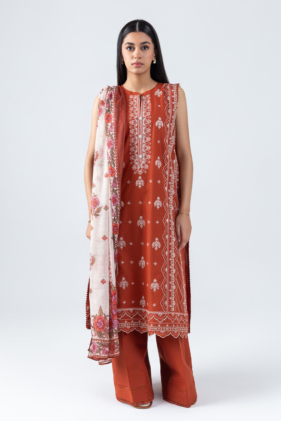 3 PIECE EMBROIDERED LAWN SUIT-RUSTIC WOOD (UNSTITCHED)