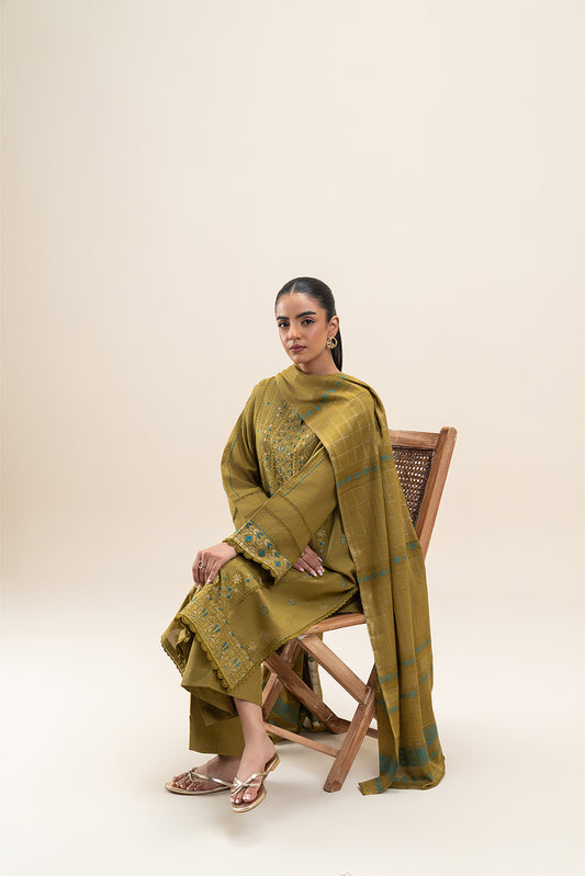 3 PIECE EMBROIDERED LAWN SUT-OLIVE FERN (UNSTITCHED)