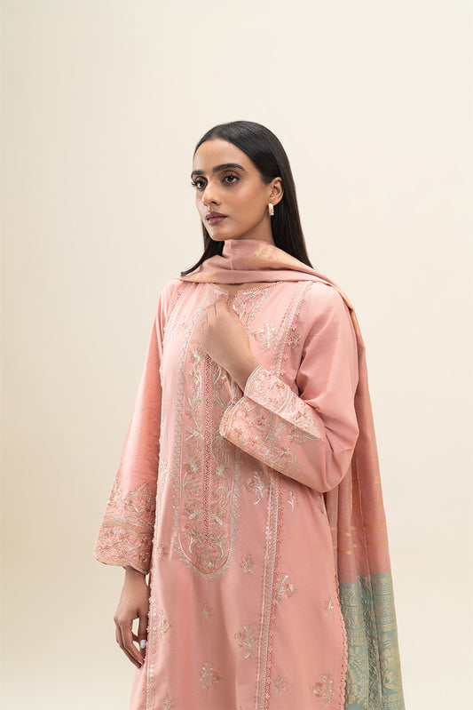 3 PIECE EMBROIDERED LAWN SUIT-CORAL MUSK (UNSTITCHED)
