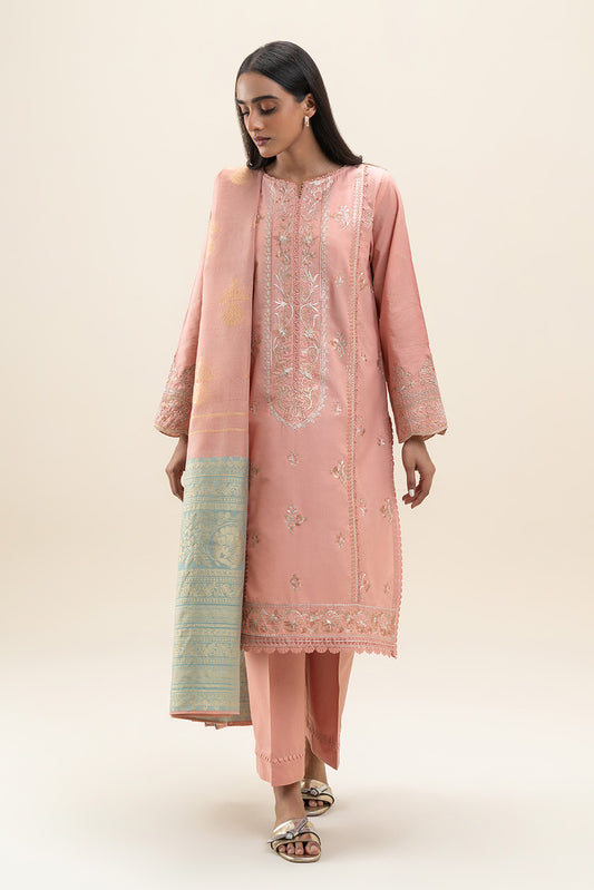 3 PIECE EMBROIDERED LAWN SUIT-CORAL MUSK (UNSTITCHED)