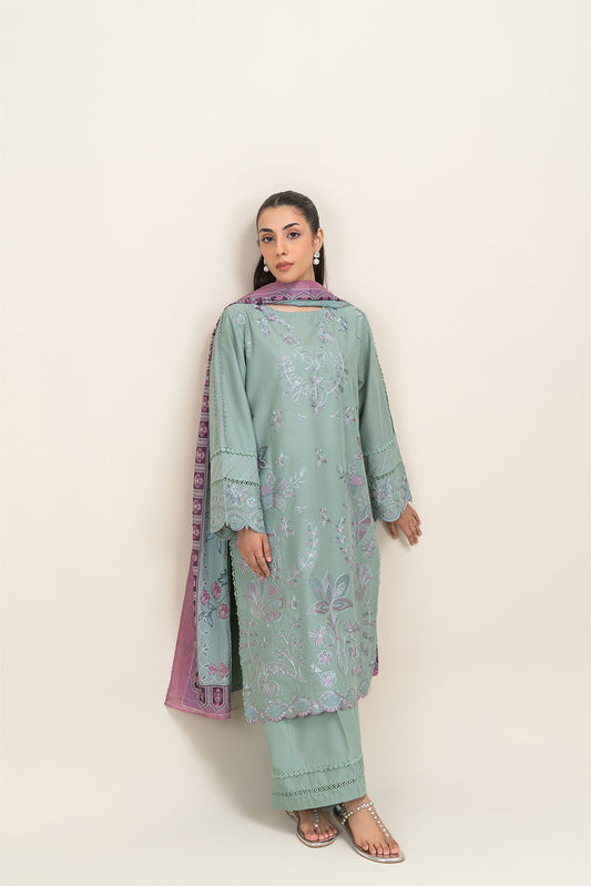 3 PIECE EMBROIDERED LAWN SUIT-PISTACHIO PINK (UNSTITCHED)