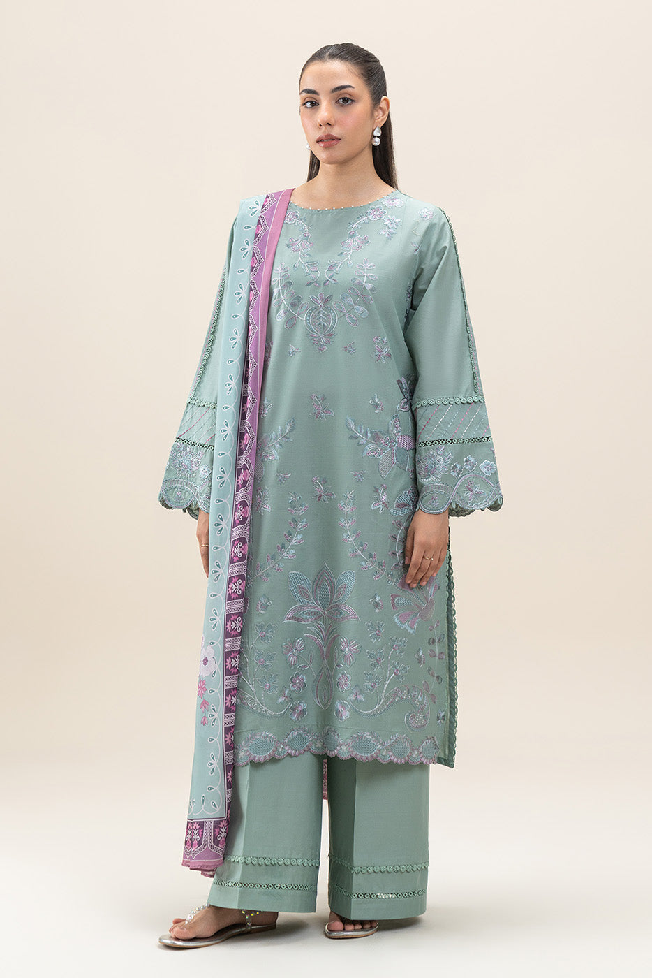 3 PIECE EMBROIDERED LAWN SUIT-PISTACHIO PINK (UNSTITCHED)