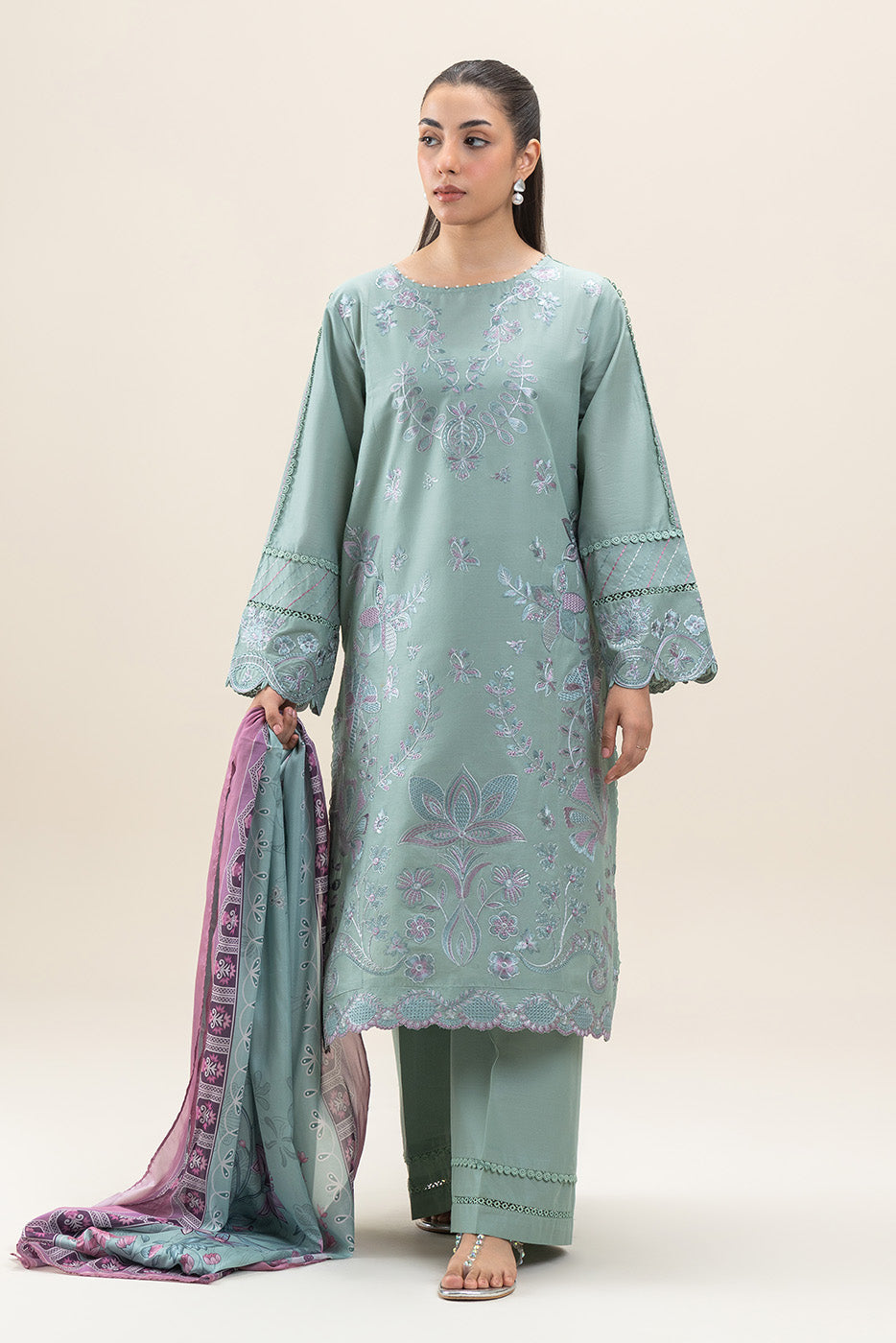 3 PIECE EMBROIDERED LAWN SUIT-PISTACHIO PINK (UNSTITCHED)