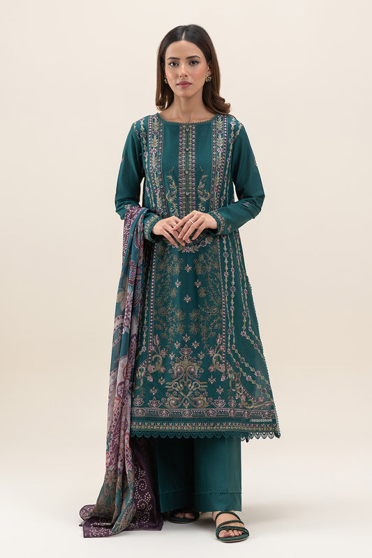 3 PIECE EMBROIDERED  SUIT-ORNATE TEAL (UNSTITCHED)
