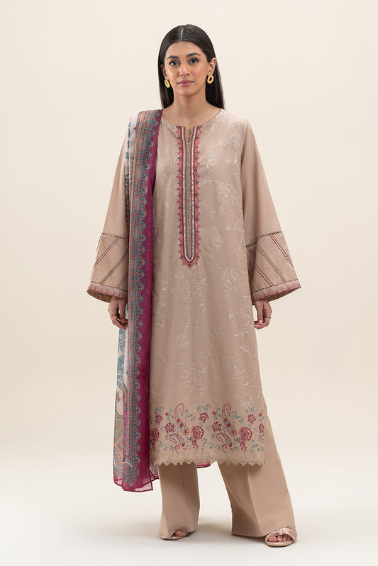 3 PIECE EMBROIDERED LAWN SUIT-SMOKE BEIGE (UNSTITCHED)