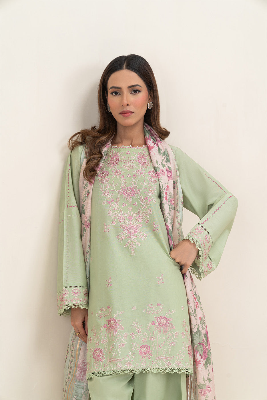 3 PIECE EMBROIDERED LAWN SUIT-FLORA MINT (UNSTITCHED)