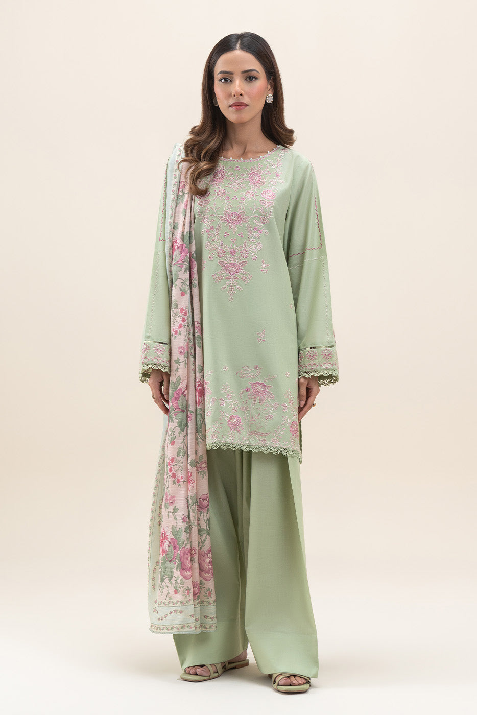 3 PIECE EMBROIDERED LAWN SUIT-FLORA MINT (UNSTITCHED)