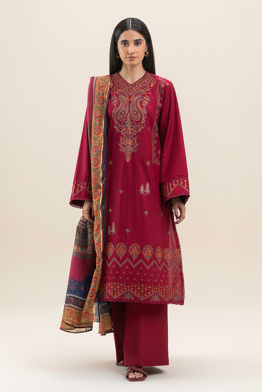 3 PIECE EMBROIDERED LAWN SUIT-RUBY RED (UNSTITCHED)