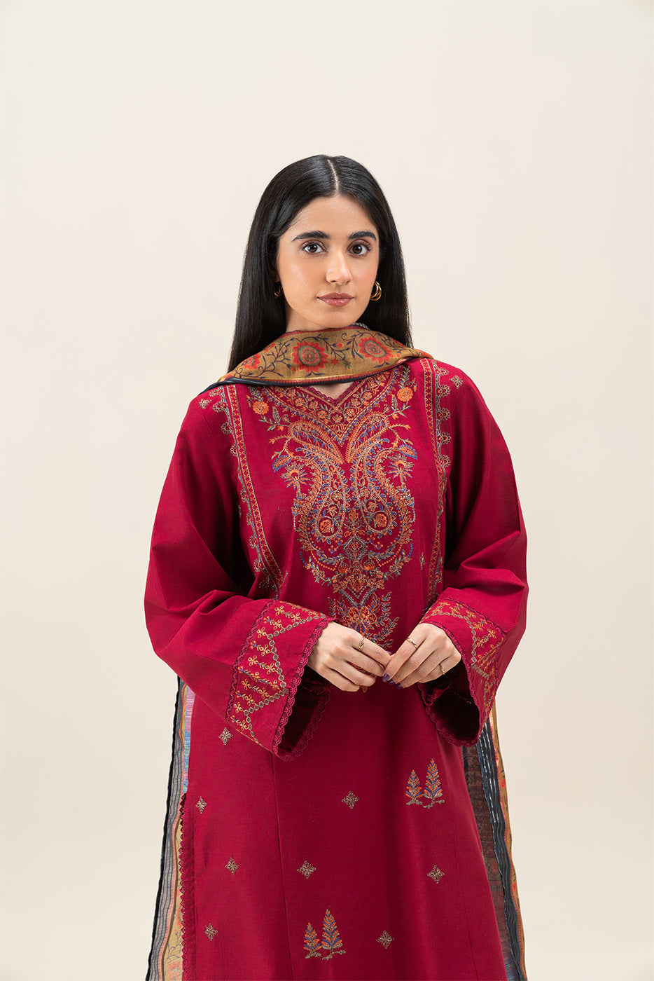 3 PIECE EMBROIDERED LAWN SUIT-RUBY RED (UNSTITCHED)