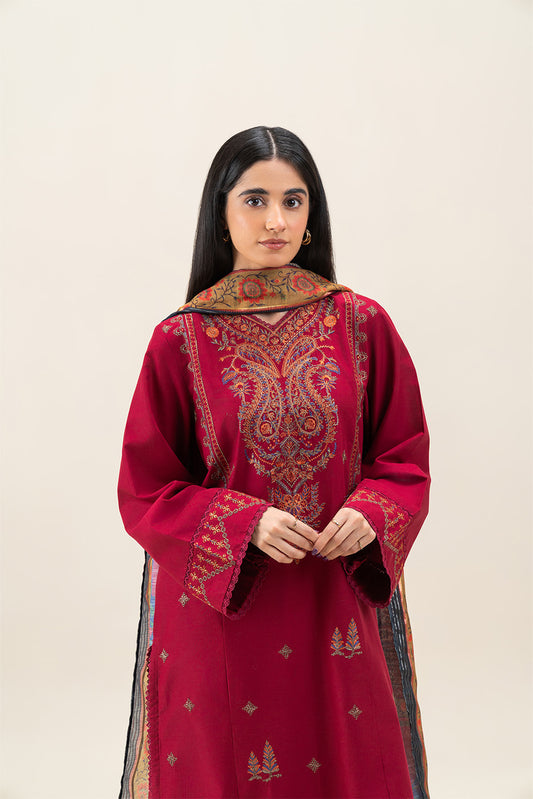 3 PIECE EMBROIDERED LAWN SUIT-RUBY RED (UNSTITCHED)
