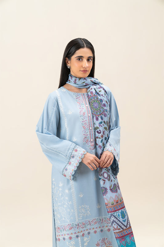3 PIECE EMBROIDERED LAWN SUIT-CAROLINA BLUE (UNSTITCHED)