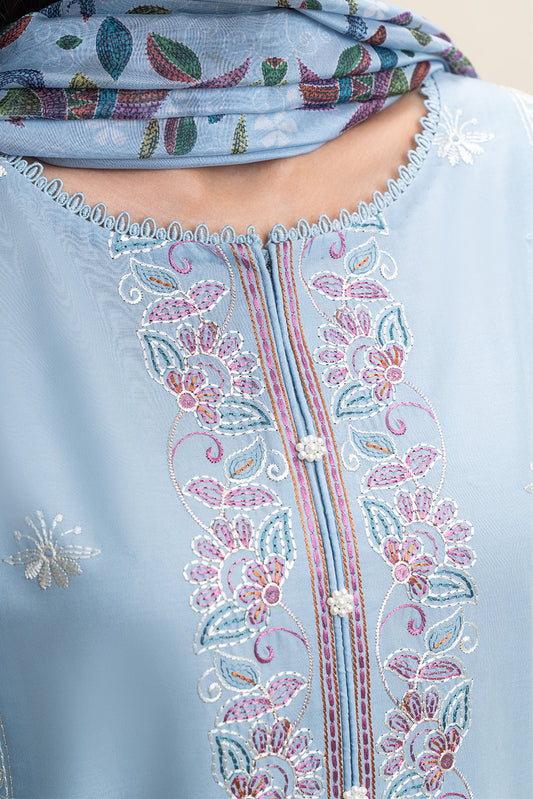 3 PIECE EMBROIDERED LAWN SUIT-CAROLINA BLUE (UNSTITCHED)