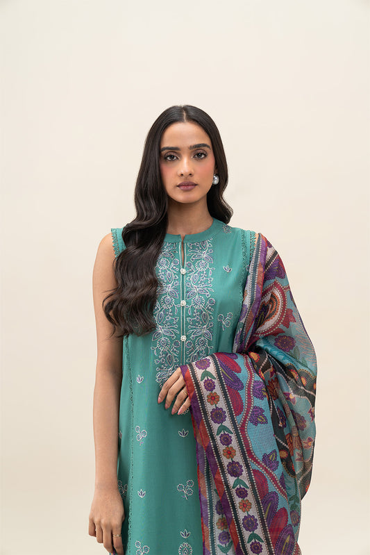 3 PIECE EMBROIDERED LAWN SUIT-VIBRANT SPRUCE (UNSTITCHED)