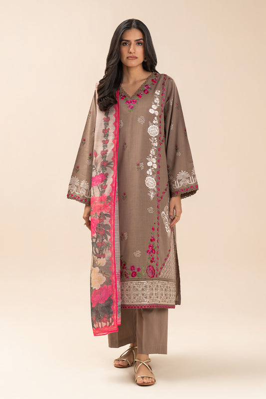 3 PIECE EMBROIDERED TWO WAY SLUB SUIT (PRET)