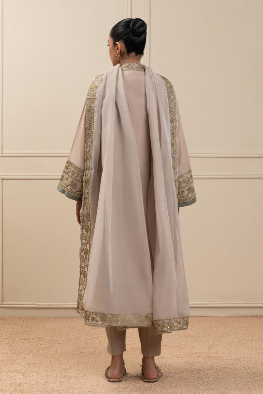 3 PIECE EMBROIDERED GOLD ZARI SUIT (HIGH CASUAL)