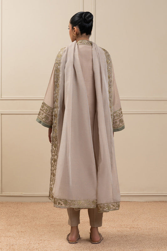 3 PIECE EMBROIDERED GOLD ZARI SUIT (HIGH CASUAL)