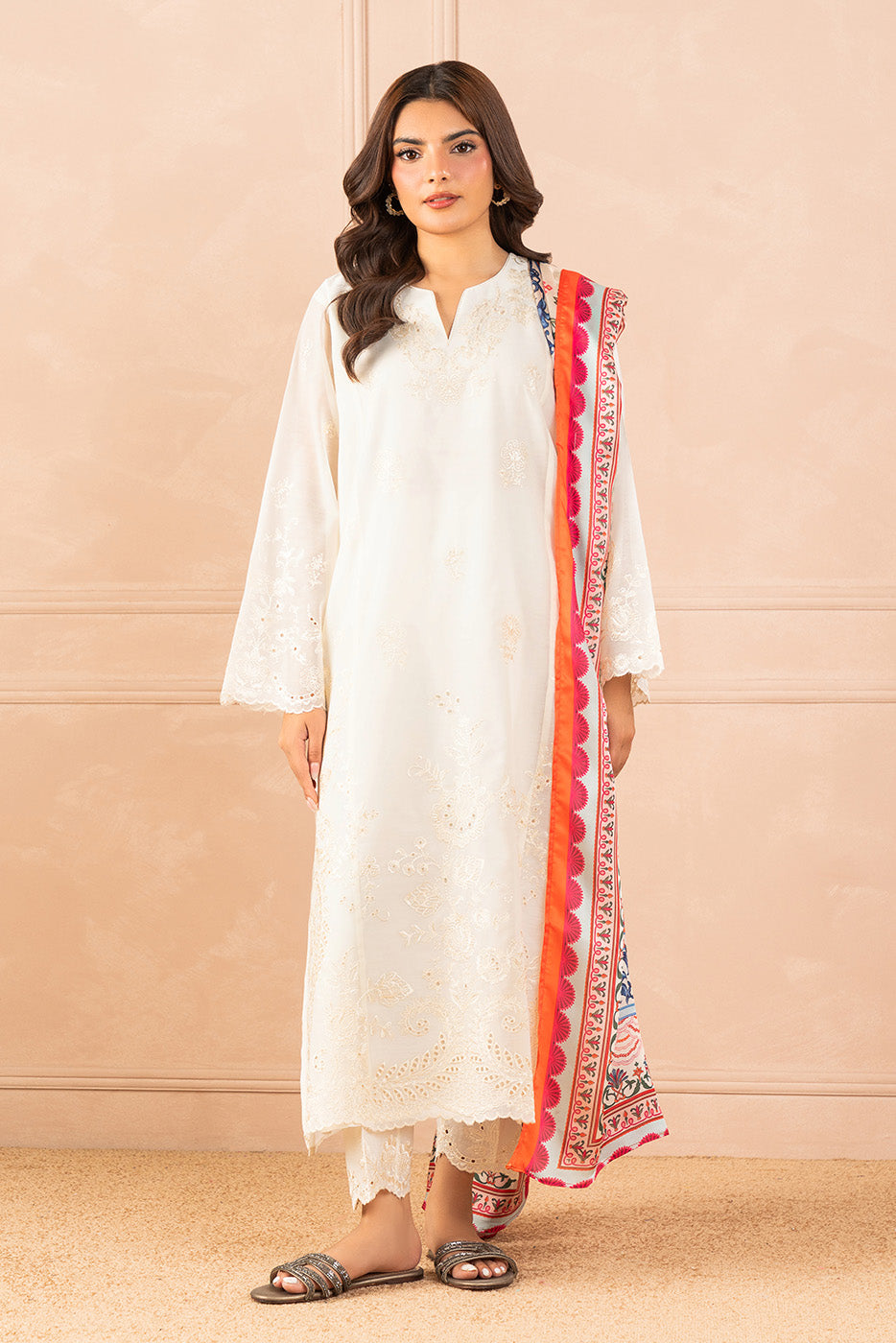 3 PIECE EMBROIDERED PAPER COTTON SUIT (LUXURY PRET)