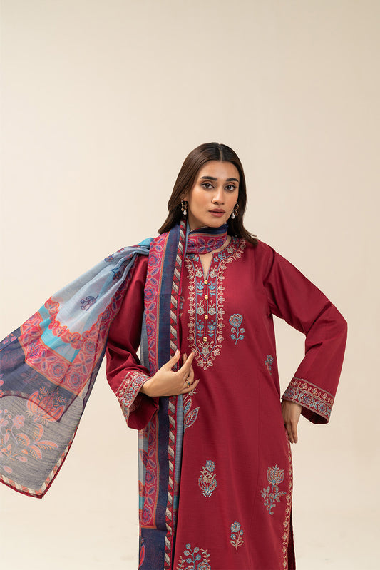 3 PIECE EMBROIDERED SLUB SUIT (PRET)