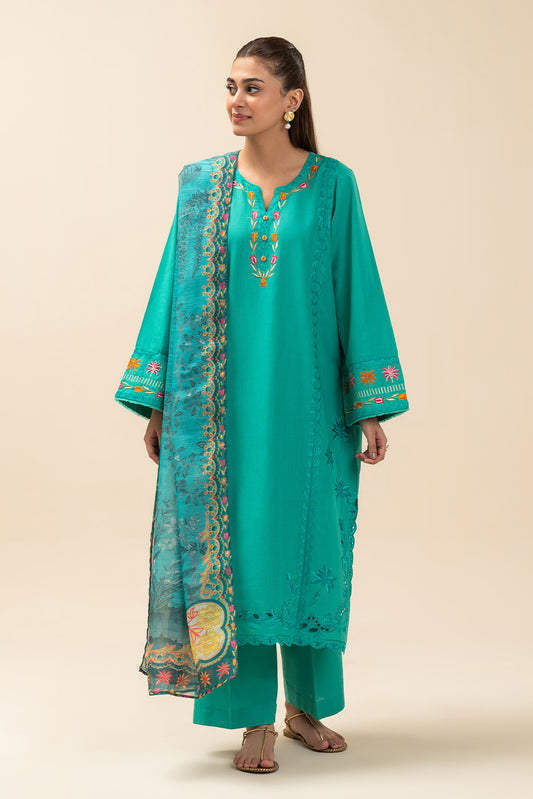 3 PIECE EMBROIDERED SLUB SUIT (PRET)
