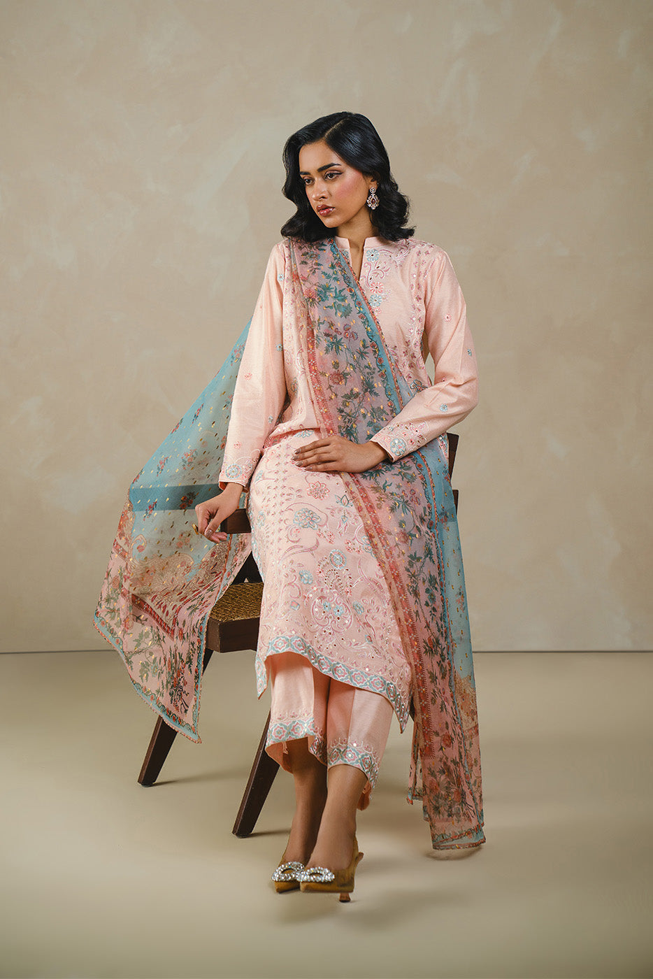 3 PIECE EMBROIDERED TWO TONE SUIT (LUXURY PRET)