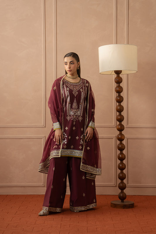 3 PIECE EMBROIDERED PAPER COTTON SUIT (LUXURY PRET)