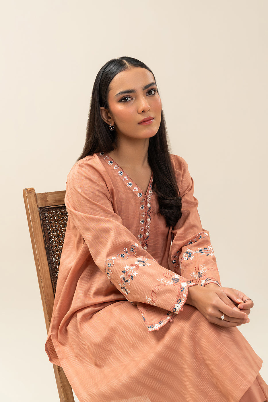 2 PIECE EMBROIDERED DORIA PEACH SUIT (PRET)