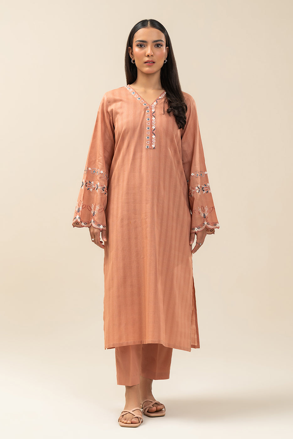 2 PIECE EMBROIDERED DORIA PEACH SUIT (PRET)