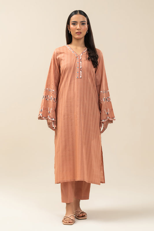 2 PIECE EMBROIDERED DORIA PEACH SUIT (PRET)