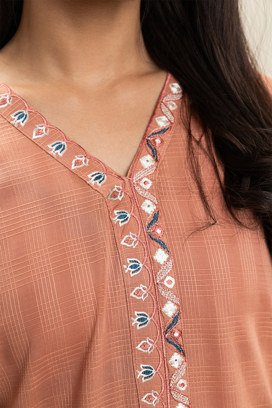 2 PIECE EMBROIDERED DORIA PEACH SUIT (PRET)