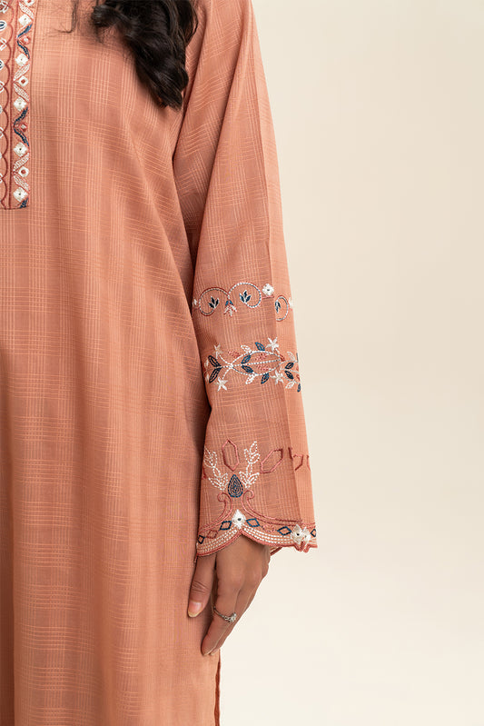 2 PIECE EMBROIDERED DORIA PEACH SUIT (PRET)