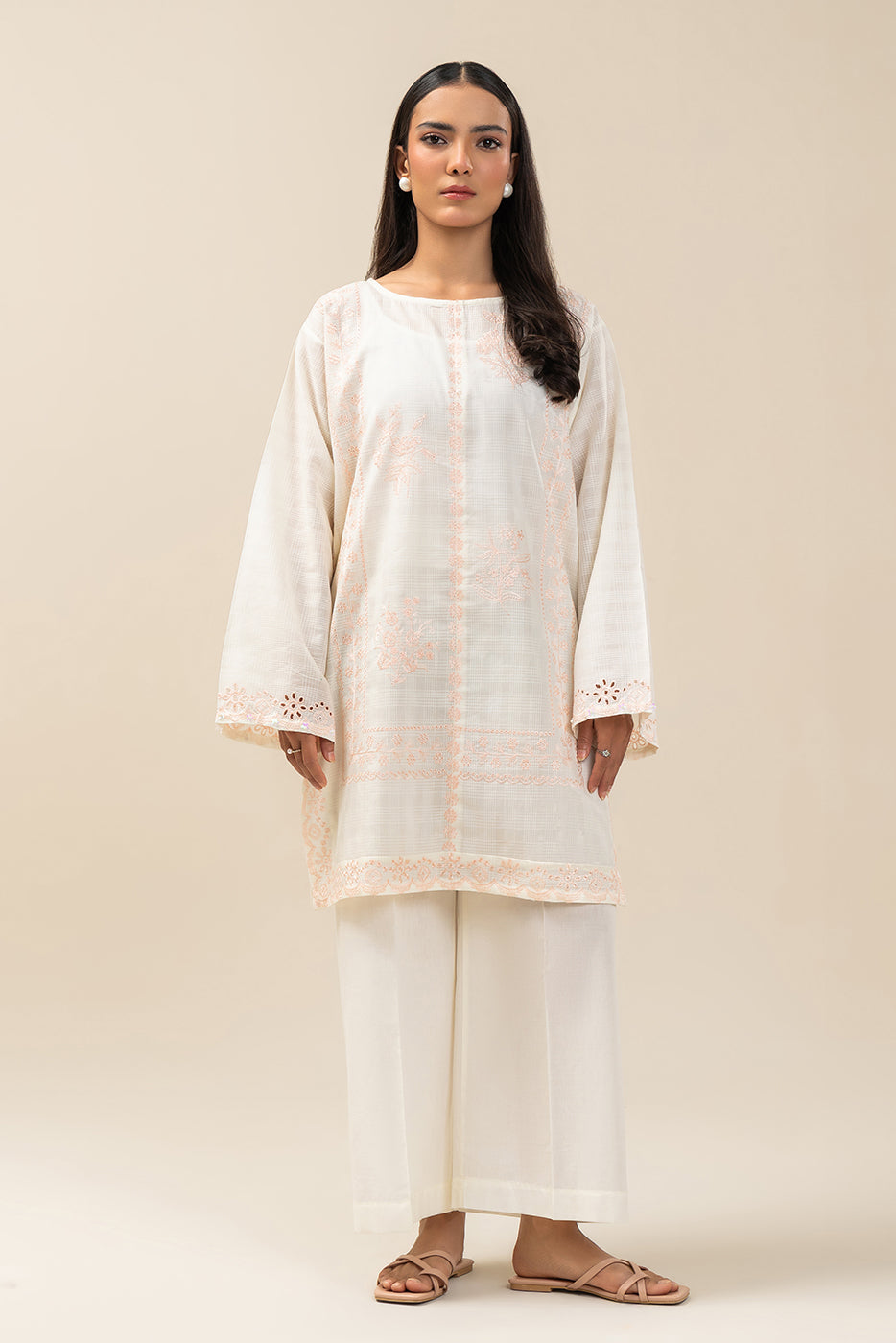 2 PIECE EMBROIDERED DORIA PEACH SUIT (PRET)