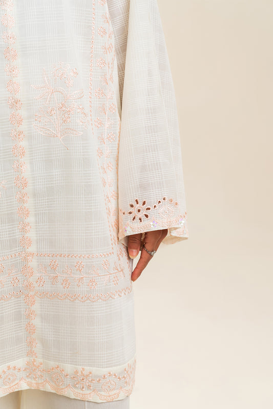 2 PIECE EMBROIDERED DORIA PEACH SUIT (PRET)