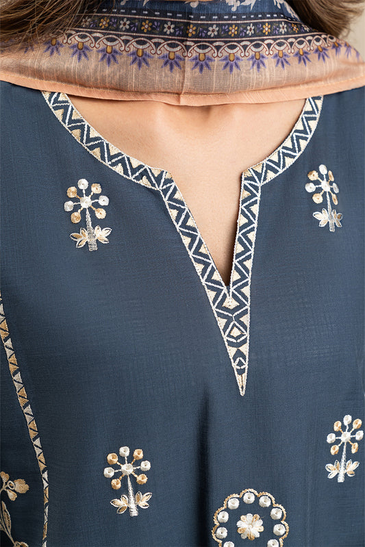 3 PIECE EMBROIDERED TWO WAY SLUB SUIT (PRET)