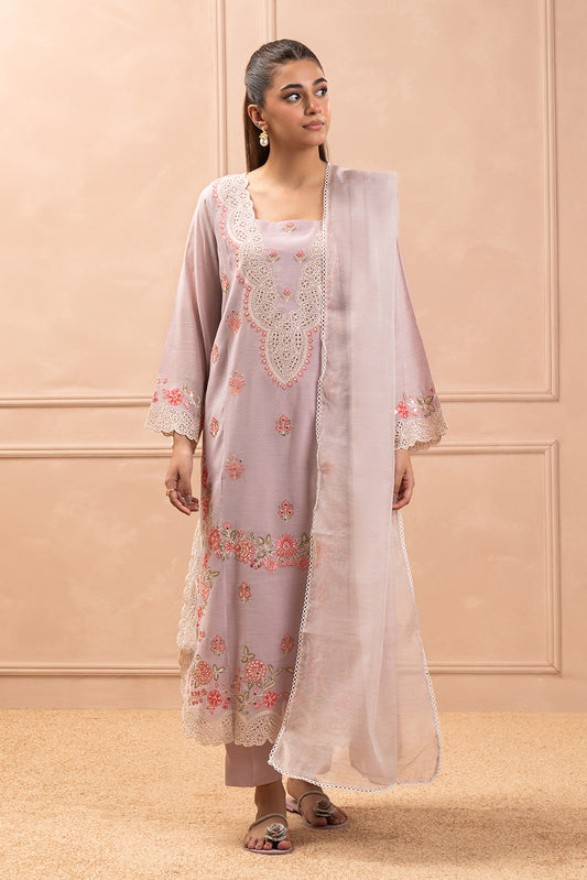 3 PIECE EMBROIDERED GOLD ZARI SUIT (HIGH CASUAL)