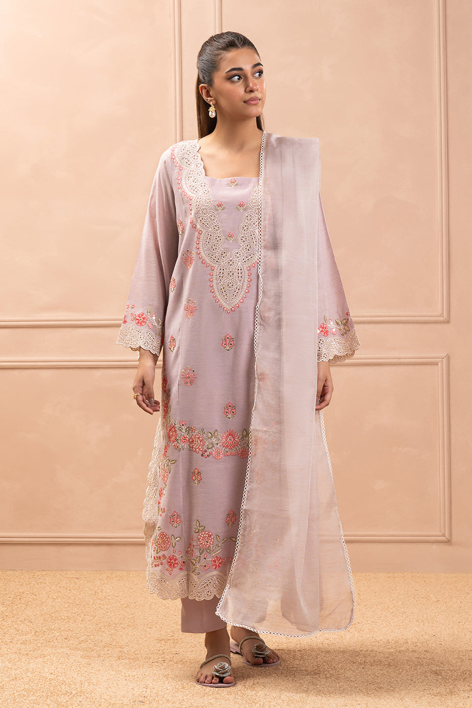 3 PIECE EMBROIDERED GOLD ZARI SUIT (HIGH CASUAL)
