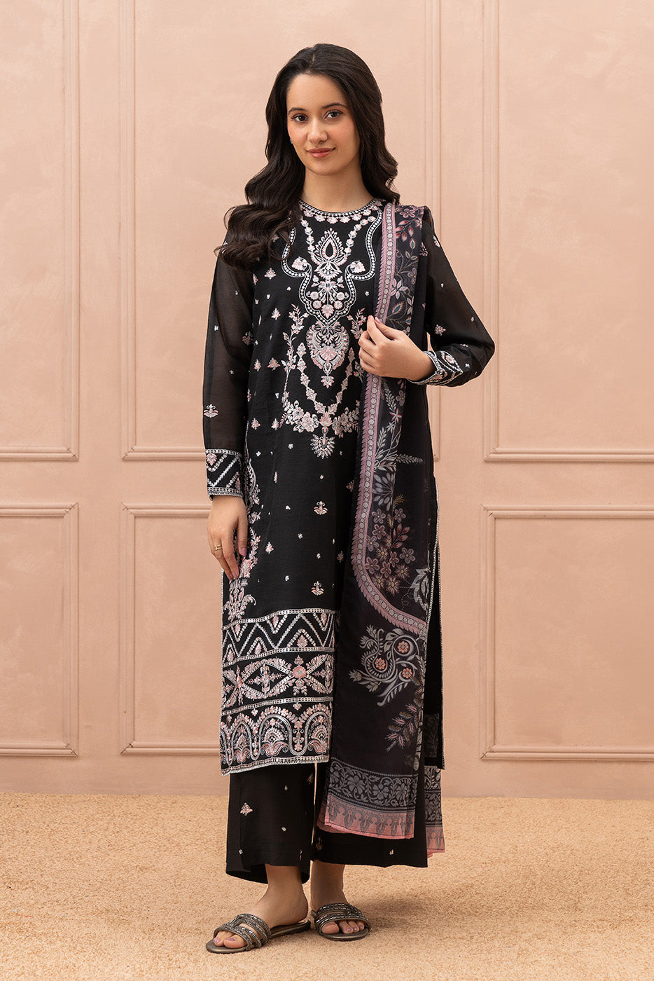 3 PIECE EMBROIDERED PAPER COTTON SUIT (LUXURY PRET)