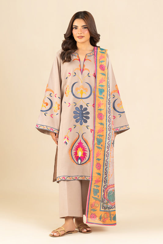 3 PIECE EMBROIDERED SLUB SUIT (PRET)
