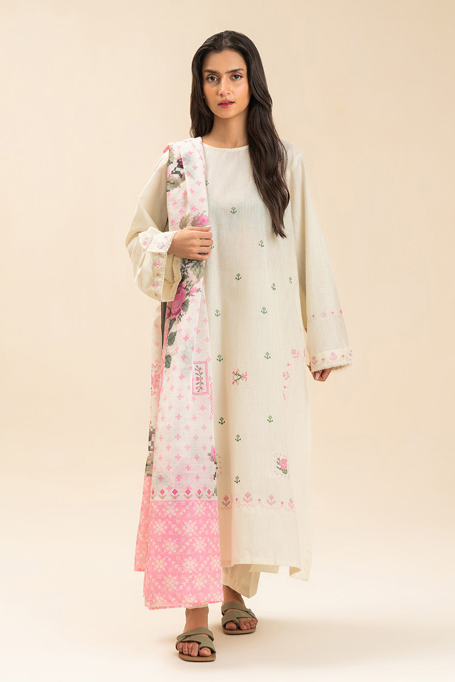 3 PIECE EMBROIDERED SLUB SUIT (PRET)