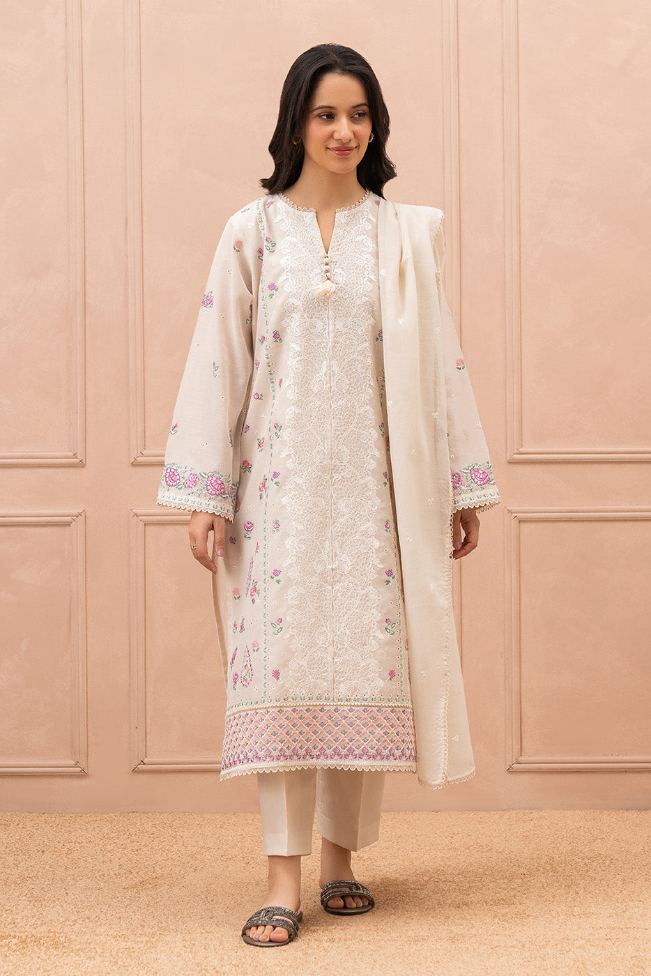 3 PIECE EMBROIDERED PAPER COTTON SUIT (HIGH CASUAL)