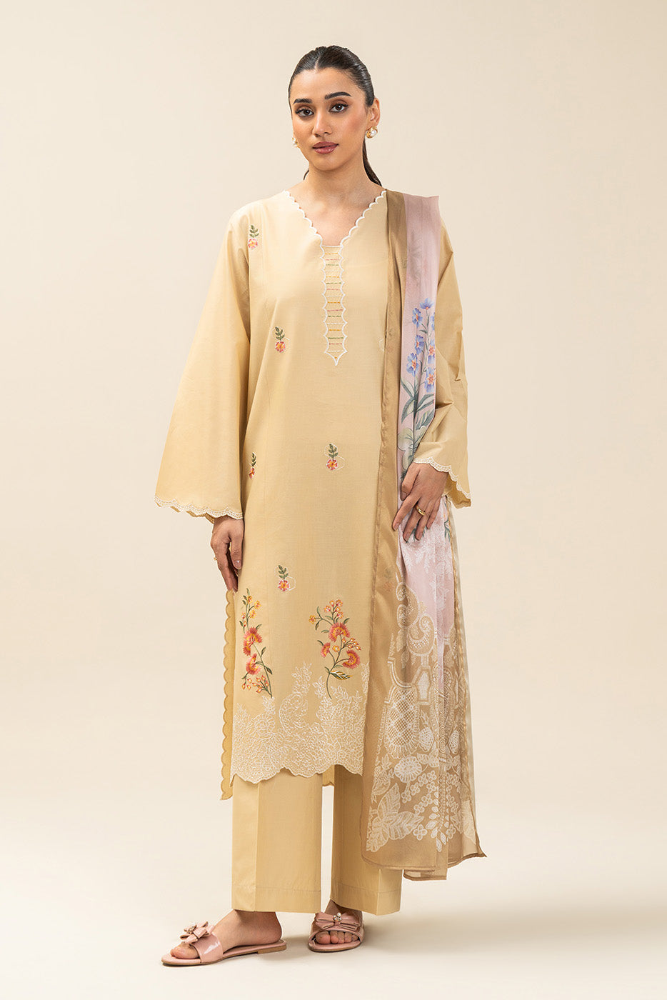 2 PIECE EMBROIDERED LAWN SUIT-BUTTER CREAM (UNSTITCHED)