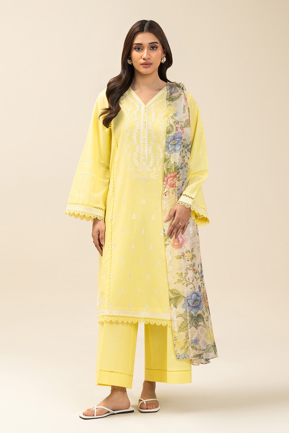 3 PIECE EMBROIDERED LAWN SUIT-LEMON SAGE (UNSTITCHED)
