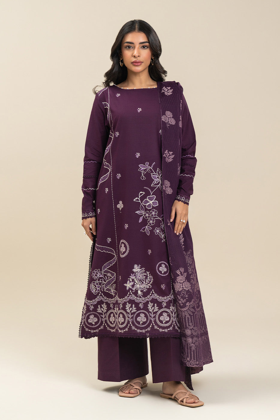 3 PIECE EMBROIDERED LAWN SUIT-PLUM FALLOUT (UNSTITCHED)