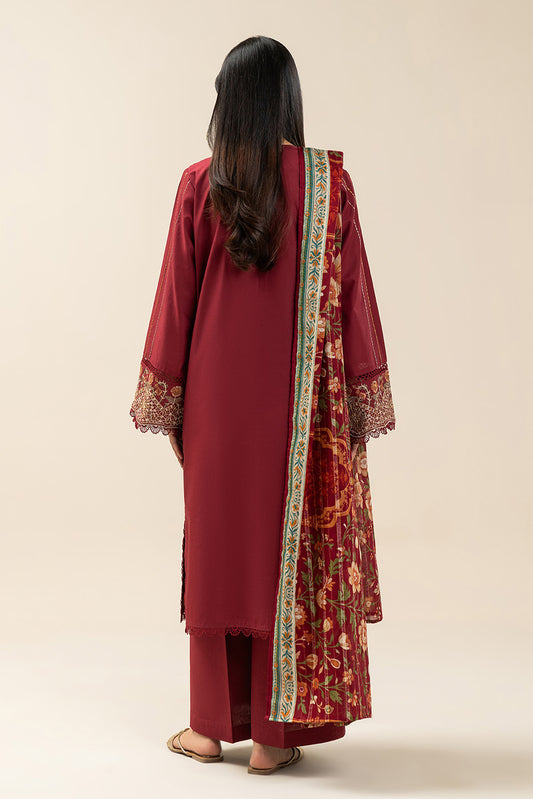 3 PIECE EMBROIDERED LAWN SUIT-MALEFICENT MAROON (UNSTITCHED)
