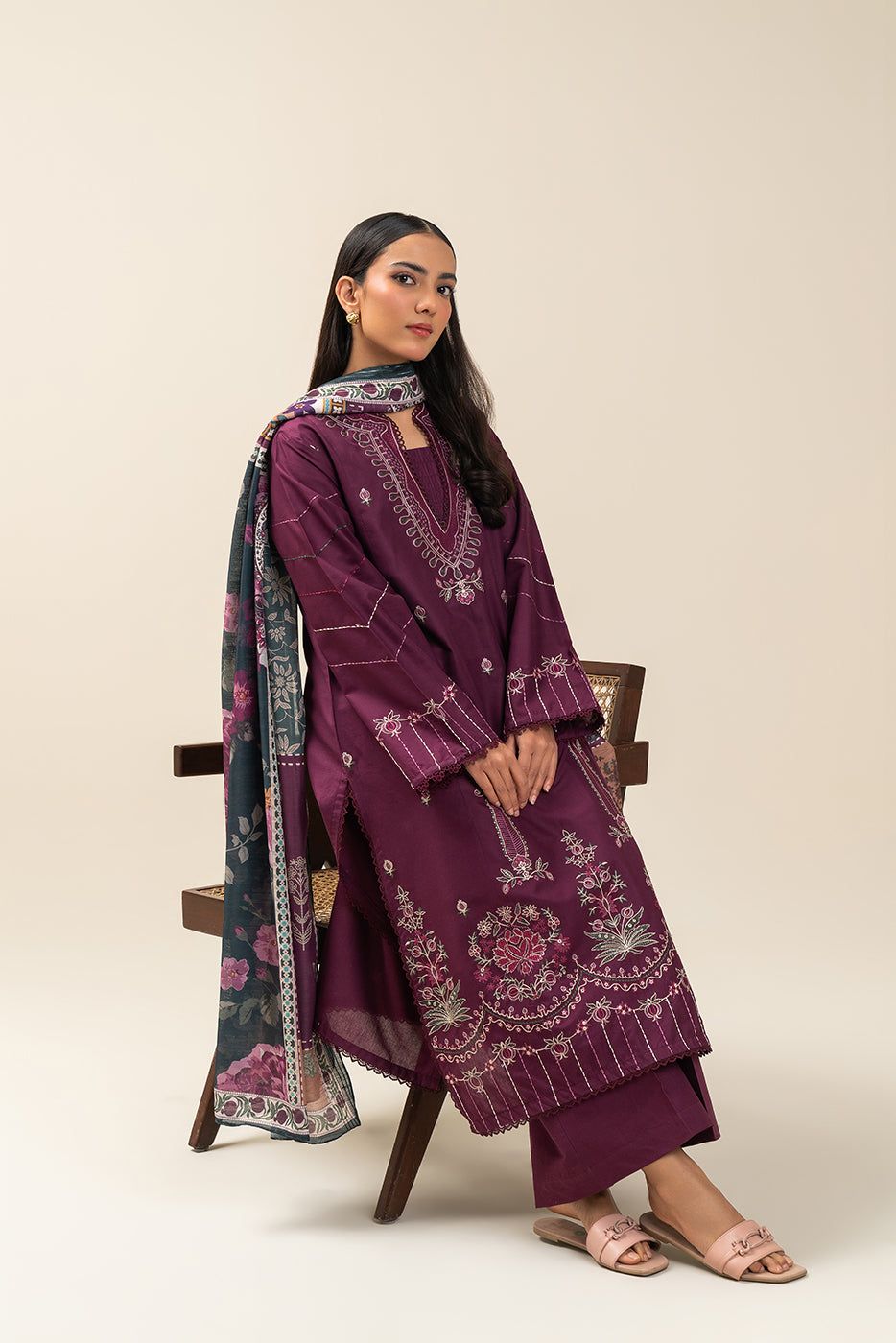 3 PIECE EMBROIDERED LAWN SUIT-PLUM JEWEL (UNSTITCHED)