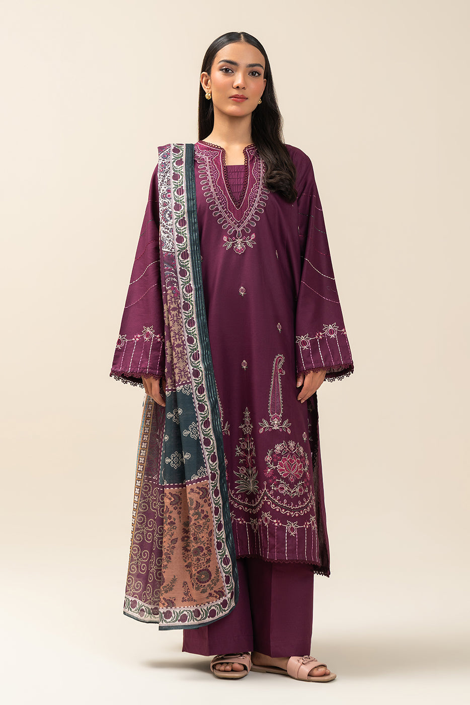 3 PIECE EMBROIDERED LAWN SUIT-PLUM JEWEL (UNSTITCHED)